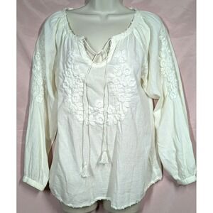 FAHERTY Organic Cotton Blouse M Bohemian Peasant Long Sleeve Embroidered Artsy